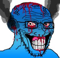 angry blood bloodshot_eyes blue_skin calm clenched_teeth ear fume glasses open_mouth seethe seething smoke soyjak stubble variant:soyak vein // 747x724 // 235.4KB
