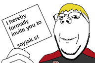 card clothes glasses hand holding_object invite nate smile soyjak soyjak_party soyjak_st stubble subvariant:wholesome_soyjak text transparent_background variant:gapejak yellow_hair // 1200x800 // 141.3KB