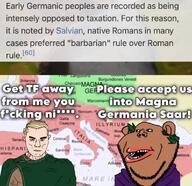 2soyjaks brown_skin europe germanic germany history italy open_mouth roman roman_empire soyjak subvariant:impish_amerimutt text variant:chudjak variant:impish_soyak_ears // 1125x1090 // 132.1KB