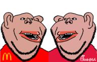2soyjaks amerimutt brown_skin chick-fil-a clothes ear lips logo mcdonalds soyjak stubble subvariant:impish_amerimutt tshirt united_states variant:impish_soyak_ears // 1200x778 // 53.0KB