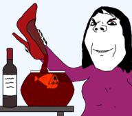 2soyjaks angry animal animal_abuse bowl clothes cryfish dead evil eyeshadow female fish glasses hair makeup open_mouth purple_shirt shoe smile soyjak stubble subvariant:annabelle subvariant:wholesome_soyjak transparent_background variant:gapejak variant:soyak wine // 1600x1400 // 154.2KB