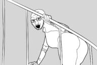 arm ass clothes coomer_artstyle glasses hand holding_object leg nsfw open_mouth soyjak stubble variant:soyak // 1400x933 // 229.6KB