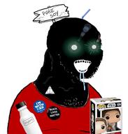 badge black_lives_matter black_skin bottle clothes drinking_straw drool funko_pop glowing_eyes green_eyes hillary_clinton im_with_her inverted open_mouth plastic_bottle pure_soy rey_skywalker sign soy soyjak soylent soylent_bottle star_wars stubble subvariant:soyak_(crazed) text thougher variant:soyak white_background // 700x734 // 259.5KB