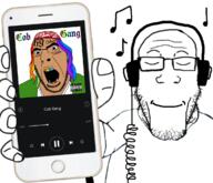 2soyjaks 6ix9ine arm brown_skin closed_eyes closed_mouth clothes colorful_hair glasses hand headphones holding_object holding_phone iphone music open_mouth phone soyjak stubble subvariant:phoneplier subvariant:phoneplier_vertical tshirt variant:cobson variant:markiplier_soyjak // 1200x1033 // 666.8KB