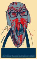 angry barack_obama blood bloodshot_eyes blue_skin blue_teeth clenched_teeth clothes cracked_teeth dog ear fuck glasses janny meta nosebleed poorly_tagged red soybooru soyjak stubble subvariant:feralrage suspenders swearing text variant:feraljak vein // 300x480 // 37.1KB