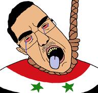 bashar_alassad bloodshot_eyes crying flag:syria hair hanging mustache rope subvariant:chudjak_front syria syrian_civil_war tongue variant:chudjak // 890x850 // 28.7KB