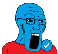 badge blue_checkmark blue_skin clothes glasses open_mouth red_shirt soyjak stretched_mouth stubble twitter twitter_checkmark variant:soyak x // 742x687 // 36.0KB