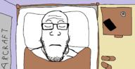 bed blanket closed_eyes closed_mouth drawn_background glasses neutral sleeping soyjak stubble subvariant:neutralplier variant:markiplier_soyjak // 1702x868 // 77.0KB