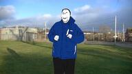 arm black_pants blue_jacket brick building closed_mouth clothes cloud frankie_macdonald full_body grass hair hand house irl irl_background jacket leg looking_at_you outside road sign sky smile stubble subvariant:wholesome_soyjak teeth tree utility_pole variant:gapejak // 1170x658 // 125.9KB