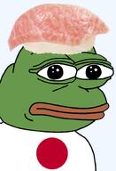 amphibian asia asian bald closed_mouth clothes country flag flag:japan food frog green_skin irl japan lips looking_at_you nas nas:pepe neutral otoro_nigiri pepe_the_frog remaster series:pepe_hat sushi transparent_background tshirt tuna tuna_belly // 1008x1479 // 556.1KB