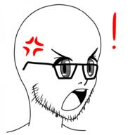 anger_mark angry anime anime_eyes exclamation_mark glasses open_mouth soiboi soyjak stubble teeth tongue variant:soyak // 600x600 // 84.5KB