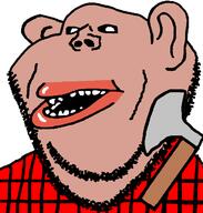 amerimutt axe brown_skin clothes ear flannel lumberjack mutt open_mouth soyjak stubble subvariant:impish_amerimutt variant:impish_soyak_ears // 598x628 // 34.1KB