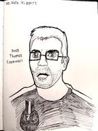 2 award black_and_white clothes drawfag drawing ear glasses hair ink meta:soytober meta:soytober2025 nate nate_higgers natejak open_mouth stubble text tshirt variant:scientolojak yellow_hair // 3000x4000 // 10.1MB