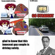 Warrior-Z(user) brown_skin driving faggot garf_(user) gay impact_font kratos meme red_hair star_of_david variant:meximutt variant:protestantjak // 633x629 // 222.2KB