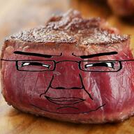 closed_mouth glasses irl meat objectsoy smile smug soyjak steak subvariant:chuddy variant:chudjak // 1025x1025 // 265.8KB