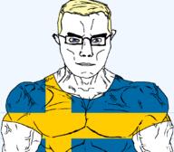 angry blue_eyes buff chud closed_mouth clothes country ear flag glasses hair soyjak subvariant:chudjak_front subvariant:muscular_chud sweden tshirt variant:chudjak vein yellow_hair // 1059x929 // 37.1KB