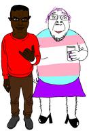 2soyjaks brown_skin chud closed_mouth clothes estrogen fat flag:transgender_pride_flag friendship full_body glasses hair happy heels high_heels holding_object looking_at_you nigger obese painted_nails purple_hair red_shirt shoe skirt smile smug stubble subvariant:chudjak_front tranny transgender_flag variant:bernd variant:chudjak // 1046x1536 // 34.3KB
