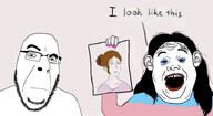 brown_hair closed_mouth confused ear english_text glasses hair hair_clip holding_object i_look_like_this makeup nail_polish open_mouth paper raised_eyebrow soyjak stubble tranny variant:alicia variant:cobson // 791x433 // 79.2KB