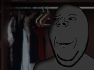 blurred_background closet clothes dark irl_background smile smug soyjak stubble subvariant:wholesome_soyjak variant:gapejak // 1068x800 // 239.1KB