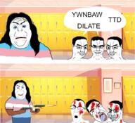 4soyjaks akimbo angry blood bloodshot_eyes clenched_teeth closed_mouth comic crying ear frown glasses gore gun hair holding_gun holding_object holding_pistol long_hair makeup murder open_mouth pistol shooting smile soyjak spurdo_sparde stubble subvariant:chudjak_front text tongue tranny variant:alicia variant:chudjak variant:unknown yellow_teeth ywnbaw // 1001x913 // 708.9KB