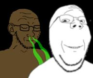 2soyjaks black_skin closed_eyes closed_mouth ear fart glasses odor smile sniffing soyjak stubble subvariant:wholesome_soyjak variant:gapejak variant:soyak // 1464x1220 // 570.6KB