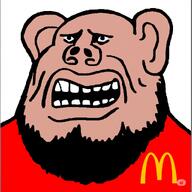 amerimutt beard black_sclera brown_skin clothes dean ear mcdonalds meta:ai_generated meta:tagme mutt open_mouth red_shirt series:muttverse soyjak stubble subvariant:impish_amerimutt template united_states variant:impish_soyak_ears // 1024x1024 // 135.0KB