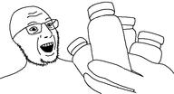 bottle glasses hand open_mouth pill pill_bottles pills smile soyjak stubble template variant:pillsjak // 581x314 // 7.9KB