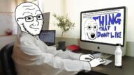 2soyjaks anti_anti_soyjak arm bottle closed_mouth clothes computer glasses hand irl irl_background monitor neutral open_mouth plastic_bottle portrayed_as_the_soyjak redraw screen smile smirk smug soy soyjak soylent soylent_(original) soylent_bottle speech_bubble stubble text typing variant:soyak wordswordswords // 1280x720 // 322.9KB