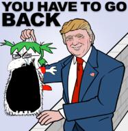 4chan anime bloodshot_eyes clothes crying donald_trump flag full_body glasses green_hair hair holding_object judaism large_nose necktie open_mouth smile soyjak stretched_mouth suit text united_states variant:cryboy_soyjak wall yellow_hair yotsoyba you_have_to_go_back // 800x820 // 338.5KB