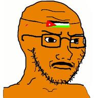 arab closed_mouth country facial_mark flag flag:jordan forehead_mark frown glasses irritated looking_to_the_left mustache orange_skin soyjak stubble subvariant:soyak_(irritated) variant:soyak white_background // 378x378 // 32.4KB