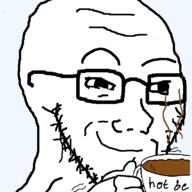 arm bald coffee cup glasses hot raised_eyebrow smile steam stubble variant:soyak // 600x600 // 24.6KB