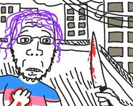 arm blood building closed_mouth clothes glasses hand holding_object knife oekaki purple_hair soyjak stab stubble telephone_wire tranny variant:bernd // 1350x1080 // 187.4KB