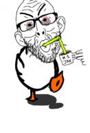 angry animal bloodshot_eyes coffee cup drinking duck ear full_body glasses hand holding_object mug open_mouth soyjak straw stubble thick_eyebrows tired variant:nojak // 735x1078 // 244.0KB