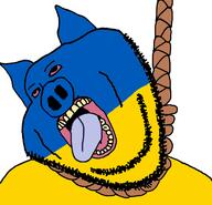 ear flag flag:ukraine hanging libleft oink open_mouth pig rope smile soyjak stubble suicide tongue tranny ukraine variant:impish_soyak_ears yellow_teeth // 768x738 // 135.1KB