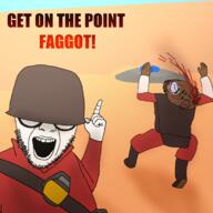 2soyjaks arm black_skin blood clothes dead demoman_(tf2) desert drawn_background full_body glasses gore grenade hand headshot helmet leg open_mouth pointing soldier_(tf2) soytopia stubble team_fortress_2 text variant:abortion_lover variant:bernd // 1715x1711 // 595.7KB