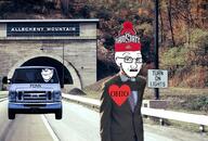 allegheny_mountain badge car clothes ear glasses half_open_mouth hat heart irl_background ohio ohio_state pennsylvania road sign smile soyjak stubble suit text tree tunnel variant:impish_soyak_ears variant:soyak // 1024x692 // 535.9KB
