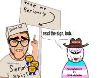 award biting_lip bloodshot_eyes booger brown_eyes brown_hair cowboy_hat crying dox fallenchungus glasses hair pedophile pointing purple_hair serious sign soyjak stubble tranny transgender_flag variant:abortion_lover white_skin // 1500x1209 // 107.2KB