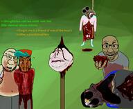 arm award black_skin blood bloodshot_eyes brown_skin brown_troonjak clothes crying crying_blood decapitation evil flayed fnf_pedo full_body game_over glasses gore green_hair grey_skin hair hand hanging heart holding_heart intestines jake jakparty_soy knife leg lips multiple_soyjaks obsessed open_mouth pike purple_hair ribcage satoko_houjou(namefag) scared screaming shitskin shoe skinless smile stubble subvariant:chudplier subvariant:jartycuck text torture transgender_flag trend:jartycuck variant:bernd variant:chudjak variant:el_perro_rabioso variant:markiplier_soyjak variant:meximutt variant:shotjak yellow_sclera // 2000x1640 // 549.6KB