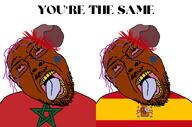 2soyjaks blood bloodshot_eyes boylover_symbol brown_skin clothes coat_of_arms concrete country crying earthquake flag flag:morocco flag:spain glasses meta:tagme morocco open_mouth pedophile purple_hair rapists rubble soyjak spain star_(symbol) stoning stubble taqiyah teeth text tongue variant:bernd yellow_teeth you're_the_same // 1537x1020 // 287.4KB