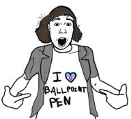 anne_frank ballpoint_pen brown_hair flag flag:transgender_pride_flag hair i_heart i_heart_nigger open_mouth pen point soyjak star_of_david variant:shirtjak // 618x559 // 140.9KB