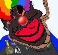 black_skin brown_skin clown hanging noose red_nose subvariant:jartycuck trend:jartycuck trend:slopjak variant:chudjak // 960x899 // 810.4KB