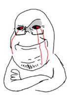 bald black_sclera blood blood_from_eyes chud closed_mouth creepypasta crossed_arms glasses inverted_eye_color lies poopson red_eyes stolen stubble variant:unknown white_background xitter_meme // 243x333 // 58.5KB