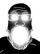 black_skin glasses glowing_eyes inverted no_teeth open_mouth soyjak stubble variant:markiplier_soyjak // 309x415 // 13.1KB