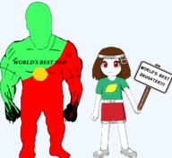 Sprokeman child daughter family father female green_skin hero holding_object holding_sign lemon muscular_male no_eyes no_face no_mouth no_nose red_skin sign sproke superhero transparent_background two_soyjaks variant:feraljak variant:sprokeman variant:sproketan wholesome // 1369x1254 // 186.2KB