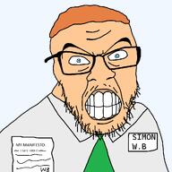angry blue_eyes clothes collared_shirt green_tie grimace insane manifesto mr_slam name_tag necktie orange_hair paper shitty_edit simon_whittlebone small_eyes teeth transparent_background variant:feraljak video_game worker // 1025x1025 // 46.4KB