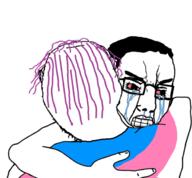 2soyjaks angry back bloodshot_eyes chud_troon_alliance clenched_teeth closed_mouth crying glasses hair hugging purple_hair soyjak stubble tranny variant:bernd variant:chudjak // 620x576 // 144.6KB
