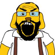 angry animal arm beard clothes dog ear glasses hair janny open_mouth soyjak subvariant:science_lover suspenders variant:markiplier_soyjak yellow_skin // 800x789 // 19.2KB