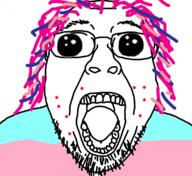 clothes flag frog glasses hair oh_my_god_she_is_so_attractive open_mouth pepe purple_hair soyjak stubble tranny variant:bernd // 1106x1012 // 560.2KB