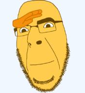 closed_mouth emoticon glasses hand salute series:soymoji smile soyjak stubble variant:cobson yellow yellow_skin // 775x849 // 19.5KB