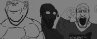 3soyjaks arm black_skin buff clothes ear glasses hair hand open_mouth soy soyjak soylent stretched_mouth stubble text variant:impish_soyak_ears variant:markiplier_soyjak variant:soyak // 1006x402 // 85.4KB